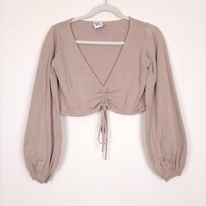 Princess Polly Kora Top knit balloon sleeve scrunch cropped relaxed beach tan